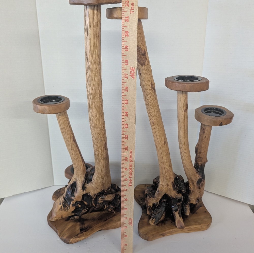 Vintage Candle Holder Wood Rustic Large Set Made Out of Burl-Wood - Picture 6 of 10